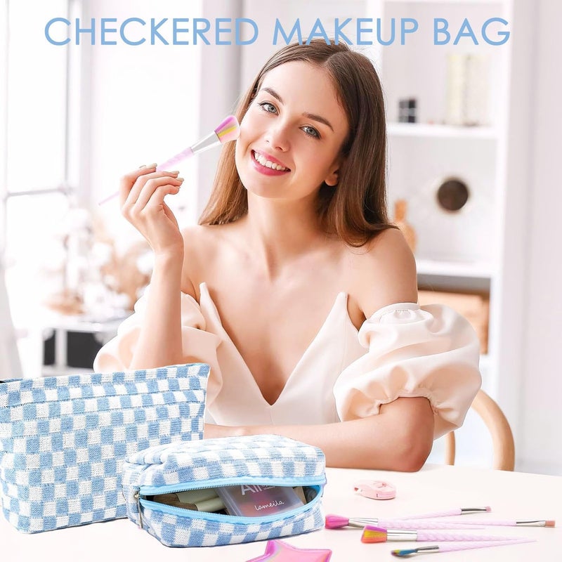 Fammart Travel Makeup Bag, Checkered Cosmetic Bag Make Up Organizer Case for Women, Small Toiletry Bag Skincare Pouch for Toiletries Accessories Brushes, 2PCS - Image 2